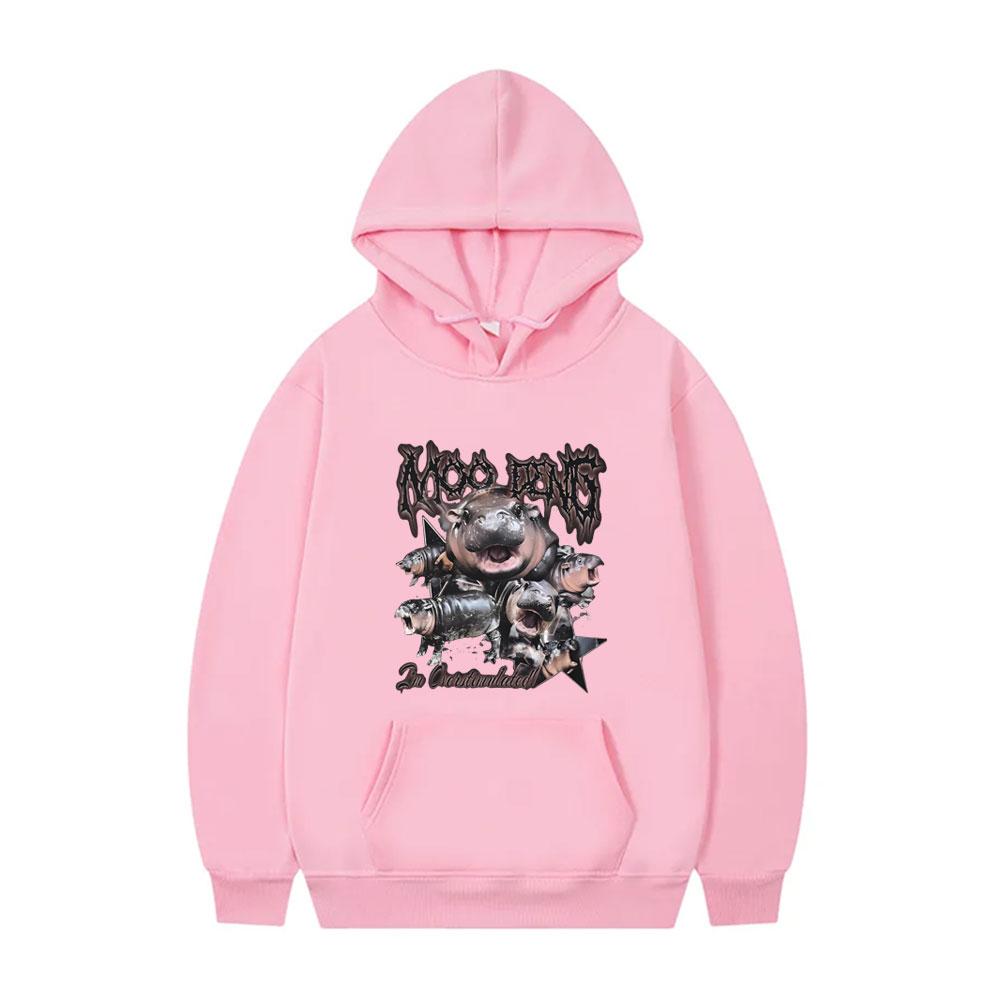 Moo Deng Vintage Grafik Hoodie Baby Nilpferd Lustiges Meme Kapuzen Trainingsanzug Herren Damen 90er Übergroßer Pullover Männlich Gothic Rock Hoodies