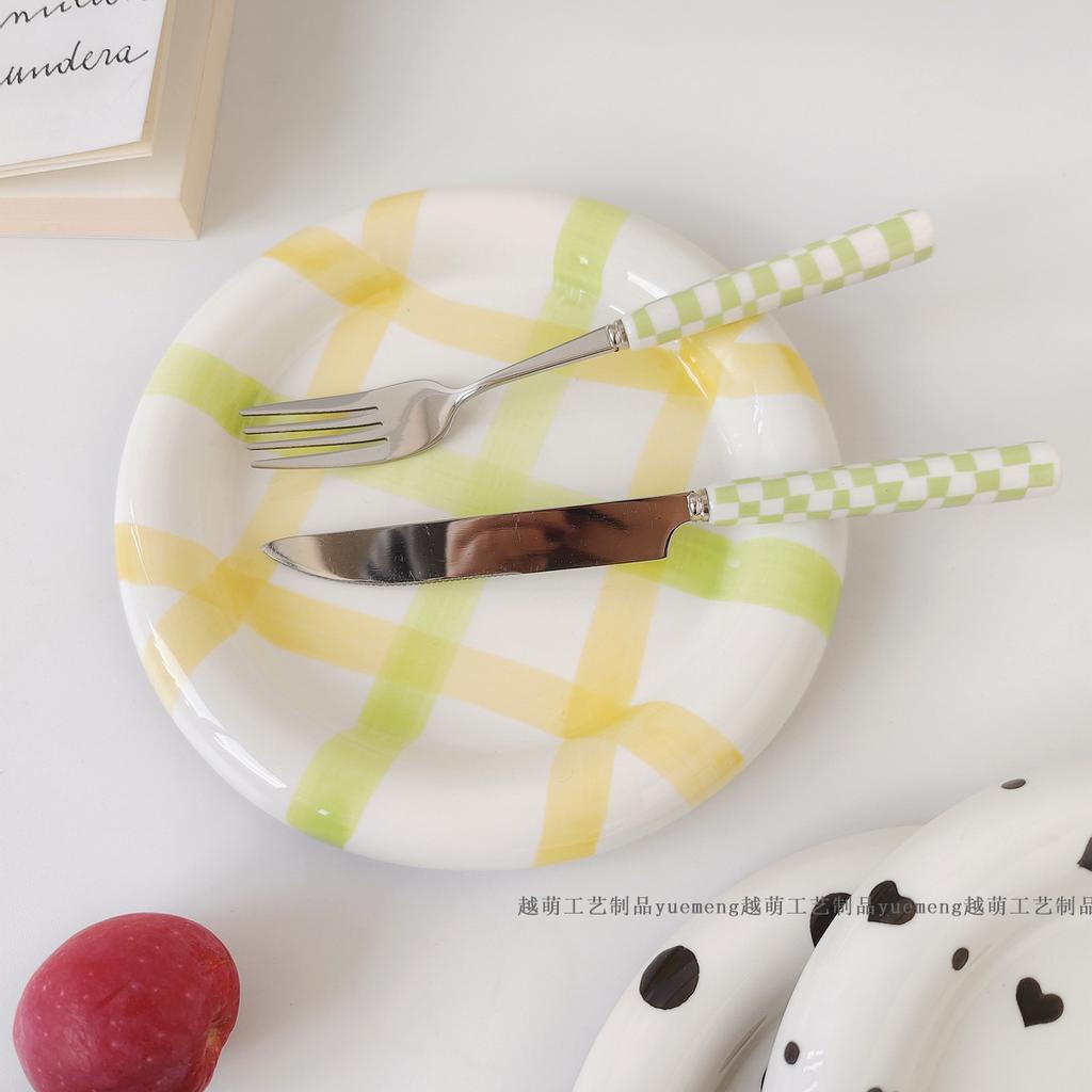 INS Wind High Beauty Stripe Wave Dot Under Glaze Ceramic Plate Dudu Dessert Plate Korean Breakfast Set VLOG Plate Dinner Set