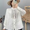 Women's Long Sleeve Embroidered Cotton Shirt, Ethnic Style, Loose Fit, Retro, Slimming Temperament Top