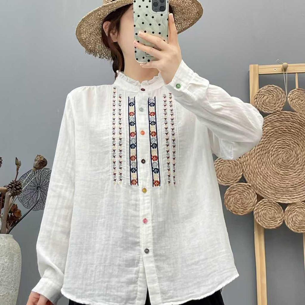 Women's Long Sleeve Embroidered Cotton Shirt, Ethnic Style, Loose Fit, Retro, Slimming Temperament Top