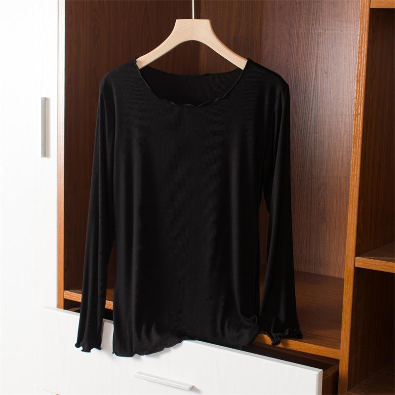 Women's Slim Fit Wood-Ear Trim Modal Long Sleeve T-Shirt, Round Neck, Plus Size, Spring/Autumn Versatile Top