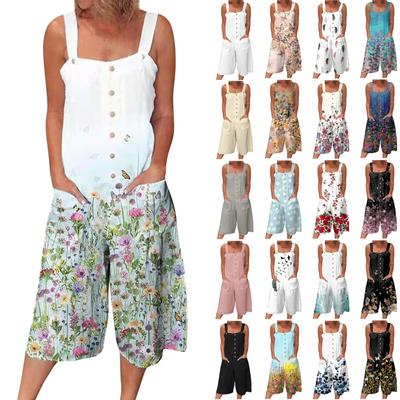 Women's Casual Sleeveless Wide-leg Loose Button Wide Capris  Jumpsuit With Pockets