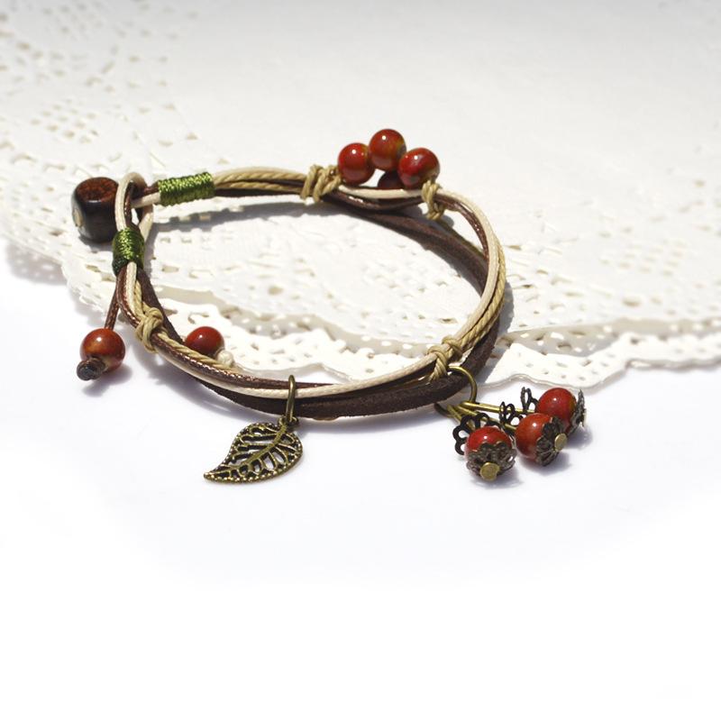 Retro cherry bracelet ceramic flower glaze leaf bracelet women's fashion ethnic style versatile accessories