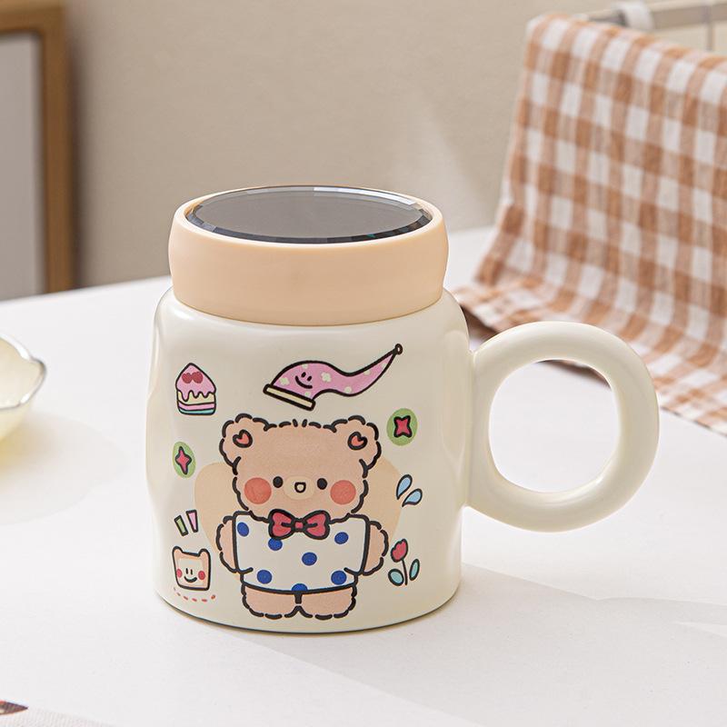 Mirror Covered Ceramic Cup with Lid Spoon Cartoon Mug Girl Cute Household Large Capacity Drinking Cup