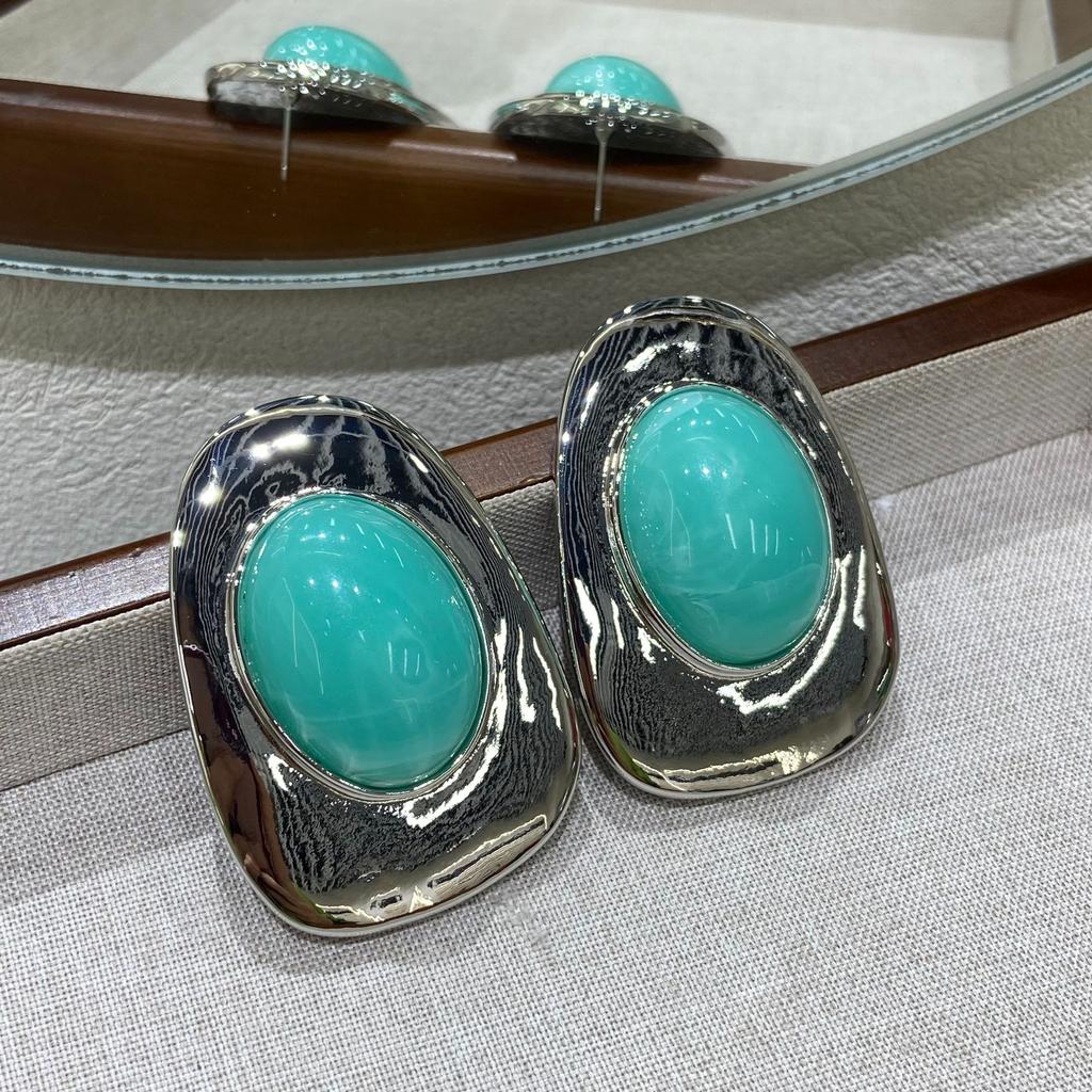 Retro Light Luxury Metal Glossy Oval Resin Gemstone Earrings Poplar Forest Fashion Temperament High-End Earrings