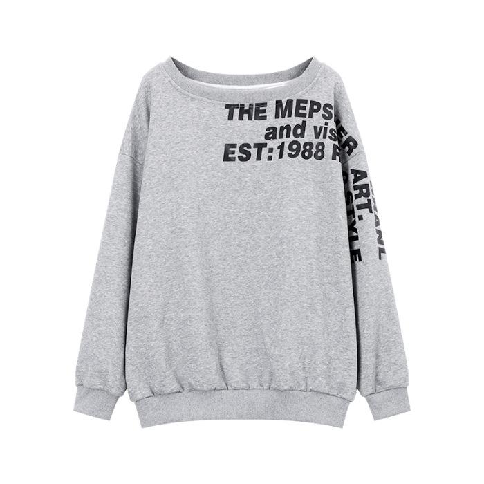 Women's Oversized Gray Off-Shoulder Sweater with American Letter Print, Perfect for Early Autumn.