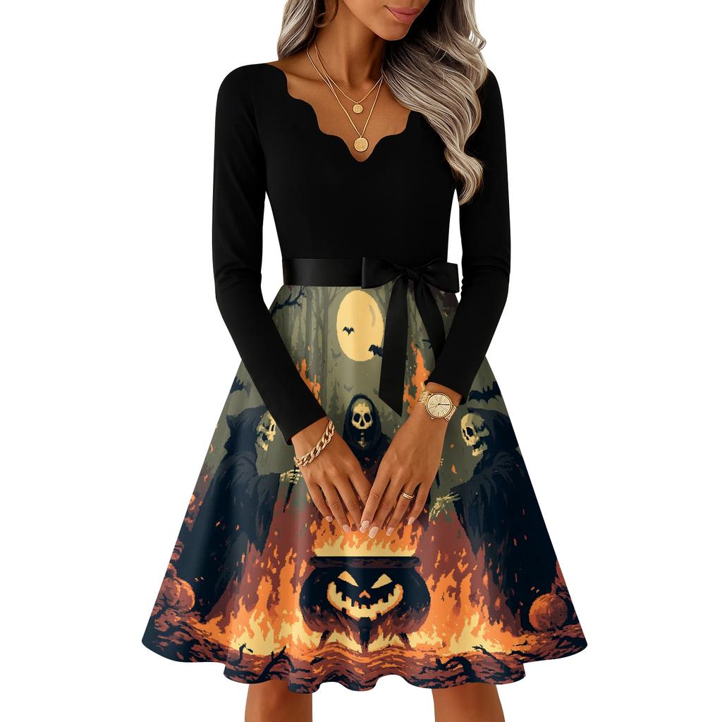 Women's Casual V-Neck Long Sleeve Dress with Halloween Print Retro