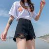 Classic and Minimalist Fashion Versatile Black Women's High-waisted Loose Summer Broken Holes Thin Burlap Wide-legged Son Denim Shorts Individuality