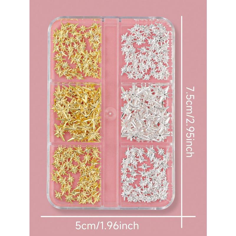 

6 Grids Nail Studs, 3D Gold & Silver Cross Star, Mini Metallic Hexagram Rivets, DIY Nail Art Accessories, Women & Girls Nail Supplies