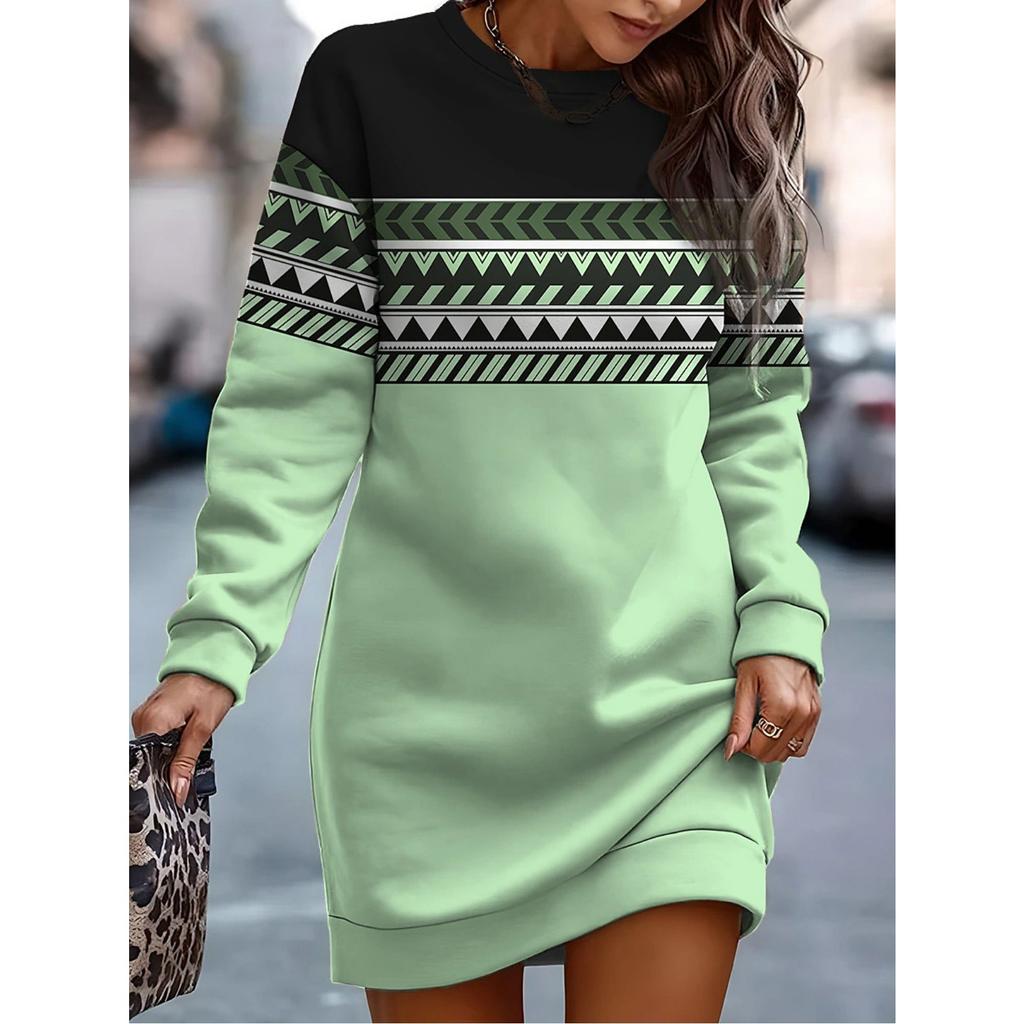 GMXIA Autumn Winter Women's Print Color Contrast Crewneck Hoodie Dress