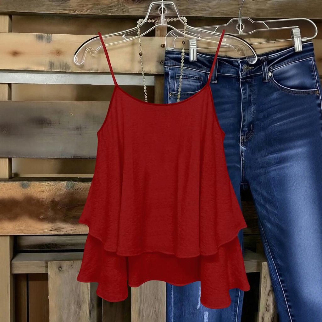 Women Sleeveless Double Layer Camisole Top Solid Color Strap Summer Casual Loose Fit Lightweight Blouse