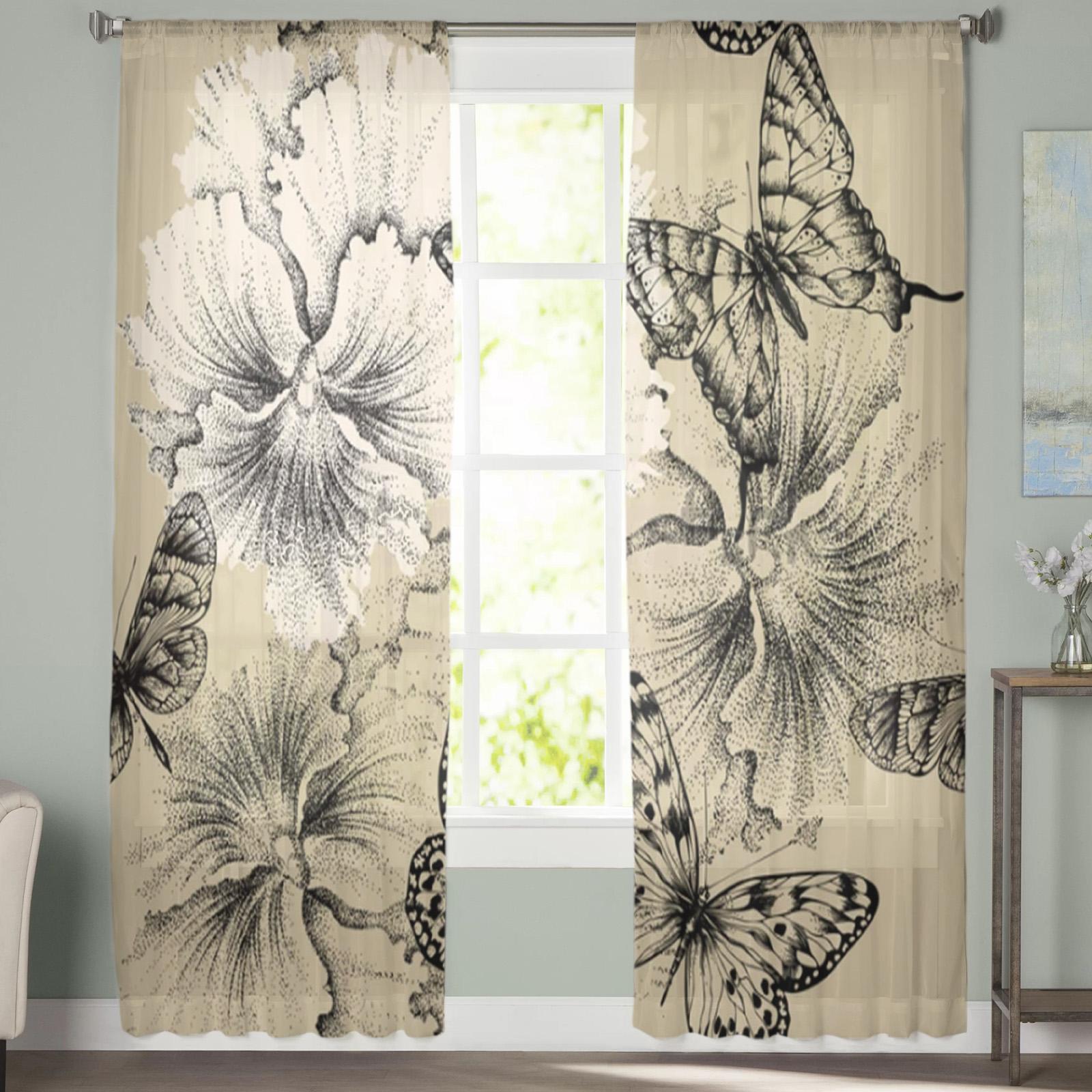 Ретро прозрачные шторы с бабочками и цветами для гостиной — фото 4