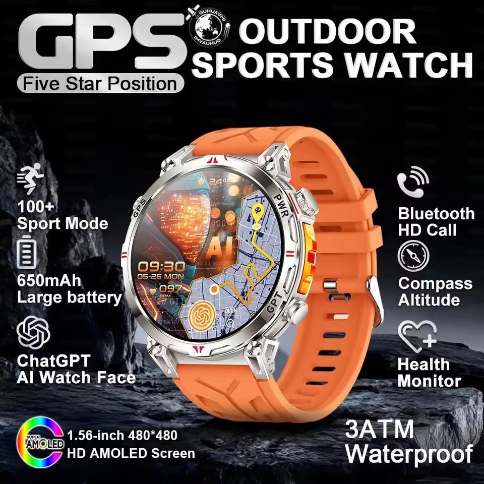 2026 Display Built-in GPS Smart Watch Men 1000Mah Battery Compass 10ATM IP69K Waterproof Tactics Sport Bluetooth call Smartwatch