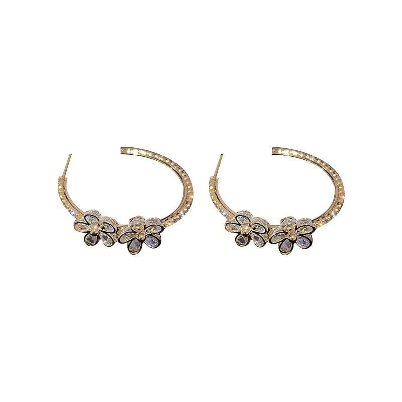 Gold Plated Silver Earrings with Inlaid Diamond Flower Design - Fresh Cool Style Hoops