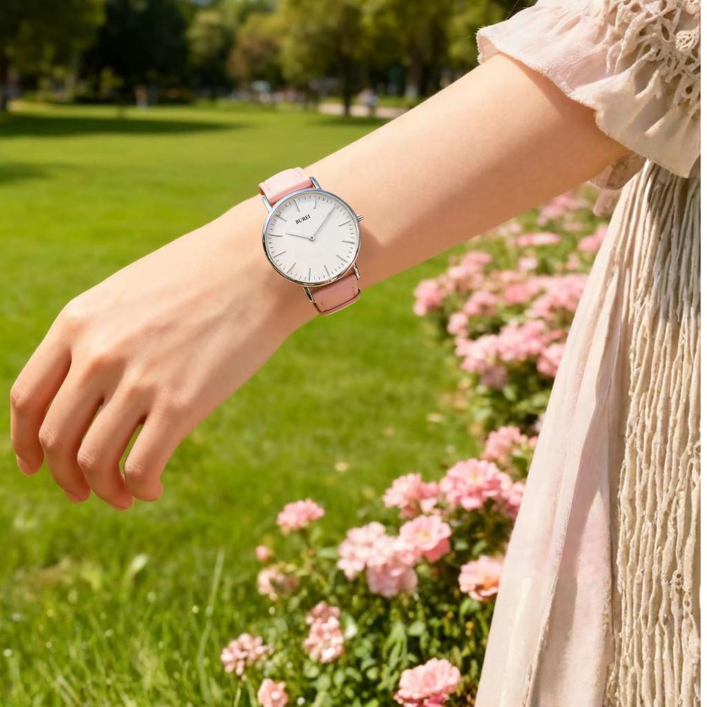 BUREI Women's Analog Quartz Watch Pink Leather Band Simple Stylish Cute Popular Brand Commuting School Watch for Women Slim Lightweight