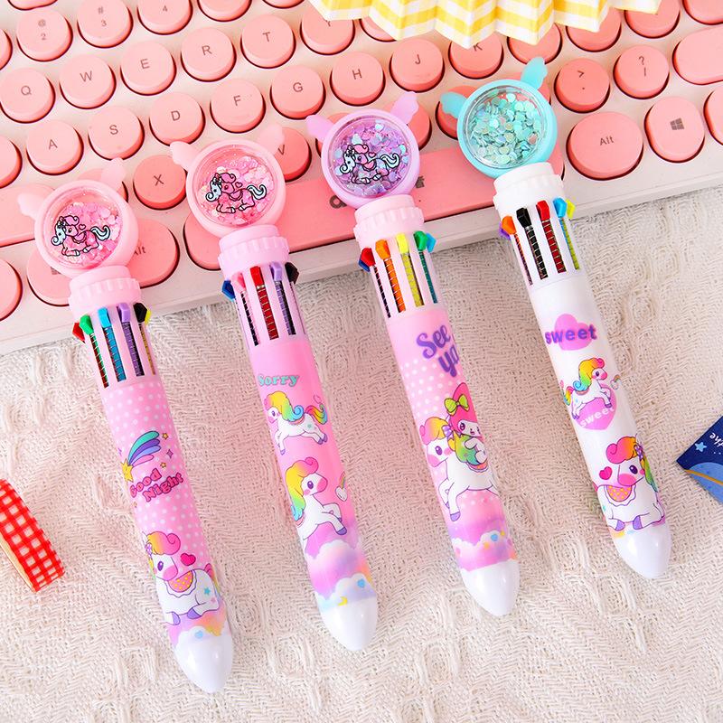 5Pcs/Lot Kawaii Fantasy Rainbow Unicorn Sequins 10 Colors Ballpoint Pen Cute Pony Student Pens School Stationery Office Supplies