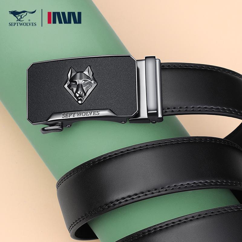 Men s Genuine Leather Belt with Automatic Buckle [Seven Wolves] - Business Waistband Gift Box Edition 110 cm чёрный