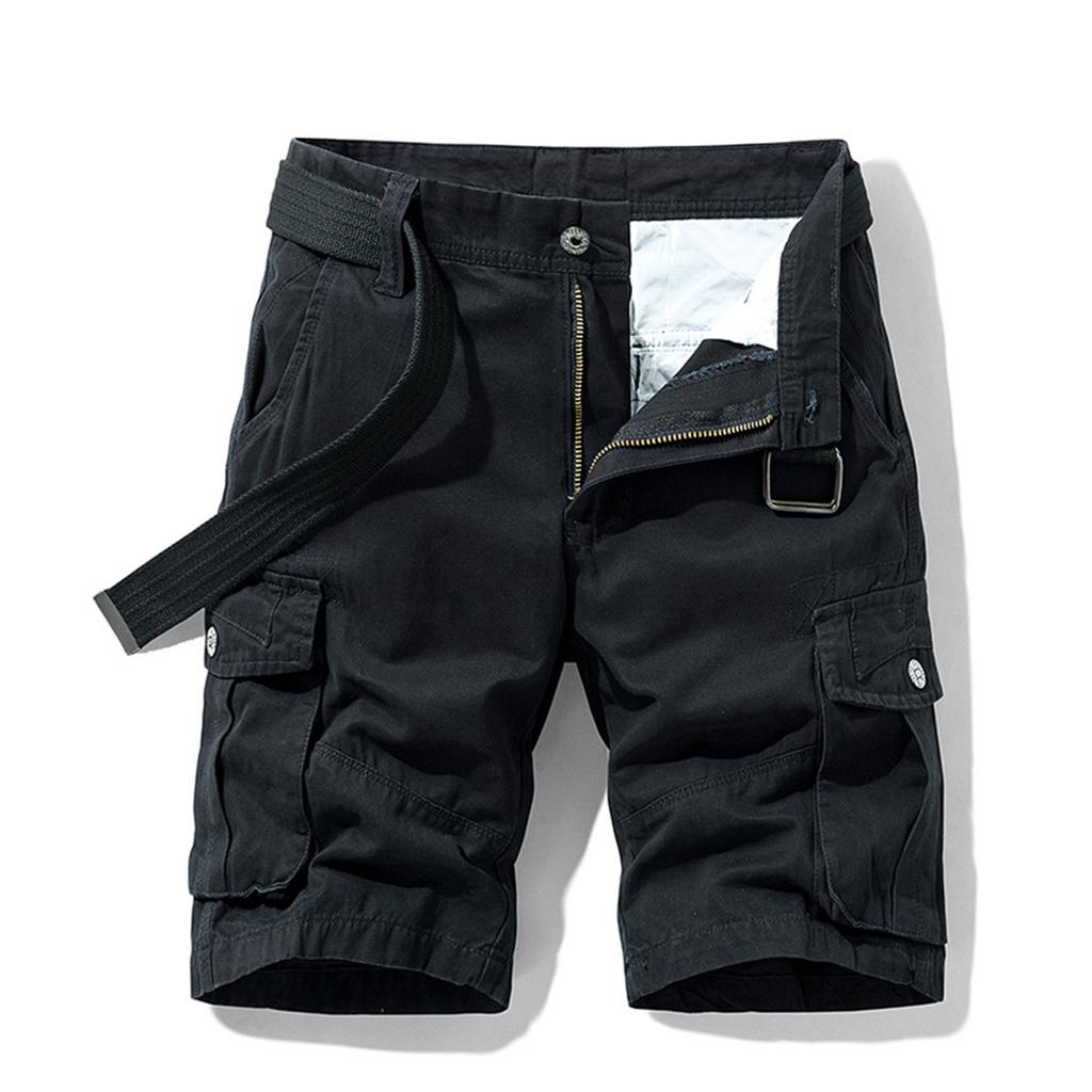 Men's Solid Color Work Pants, Cotton Five Quarter Pants, Retro Washed Multi Pocket Straight Leg Work Pants