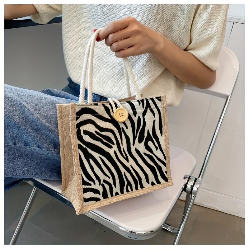 Elegant Beige Linen Tote Bag for Women - Striped Pattern, Versatile Bento & Gift Box Carrier with Snap Closure, Khaki Color