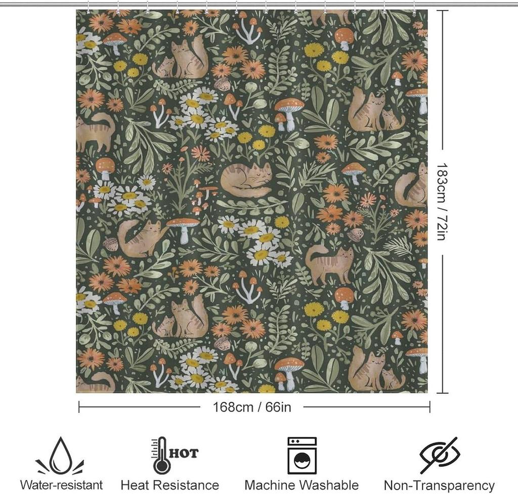 Cartoon Cute Forest Shower Curtains, Fairy Tale Mushroom Cat Flower Floral Leaf Green Pattern Decor Print Bath Drapes Set