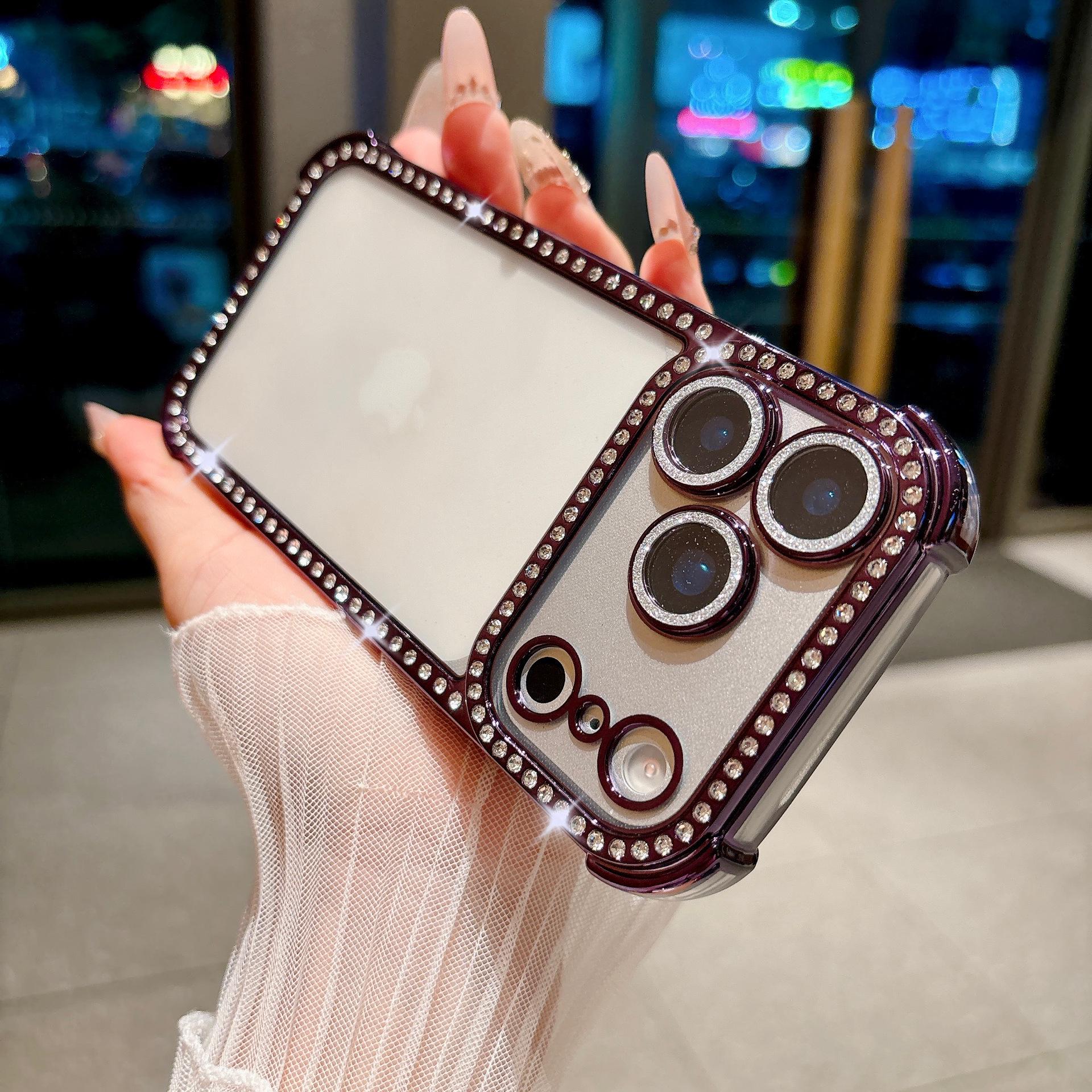 

Apple 17 Pro Max Four-Corner Airbag Anti-Drop Instant Case for iPhone 16 with Rhinestone Glitter and Lens Film 16 Pro Max фіолетовий