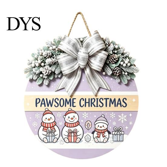 Winter Atmosphere Decor Christmas Wooden Welcome Sign for Front Door, Round Hanging Ornament with Santa Claus Snowman Art Artificial Pine Branches
