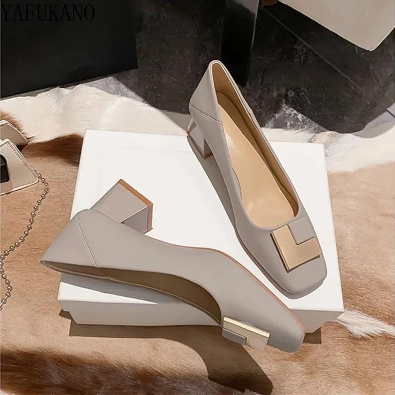 Pantofi de damă cu toc înalt și vârf pătrat, eleganti, pentru birou, din piele moale, confortabili, cu toc mediu, casual, pentru femei