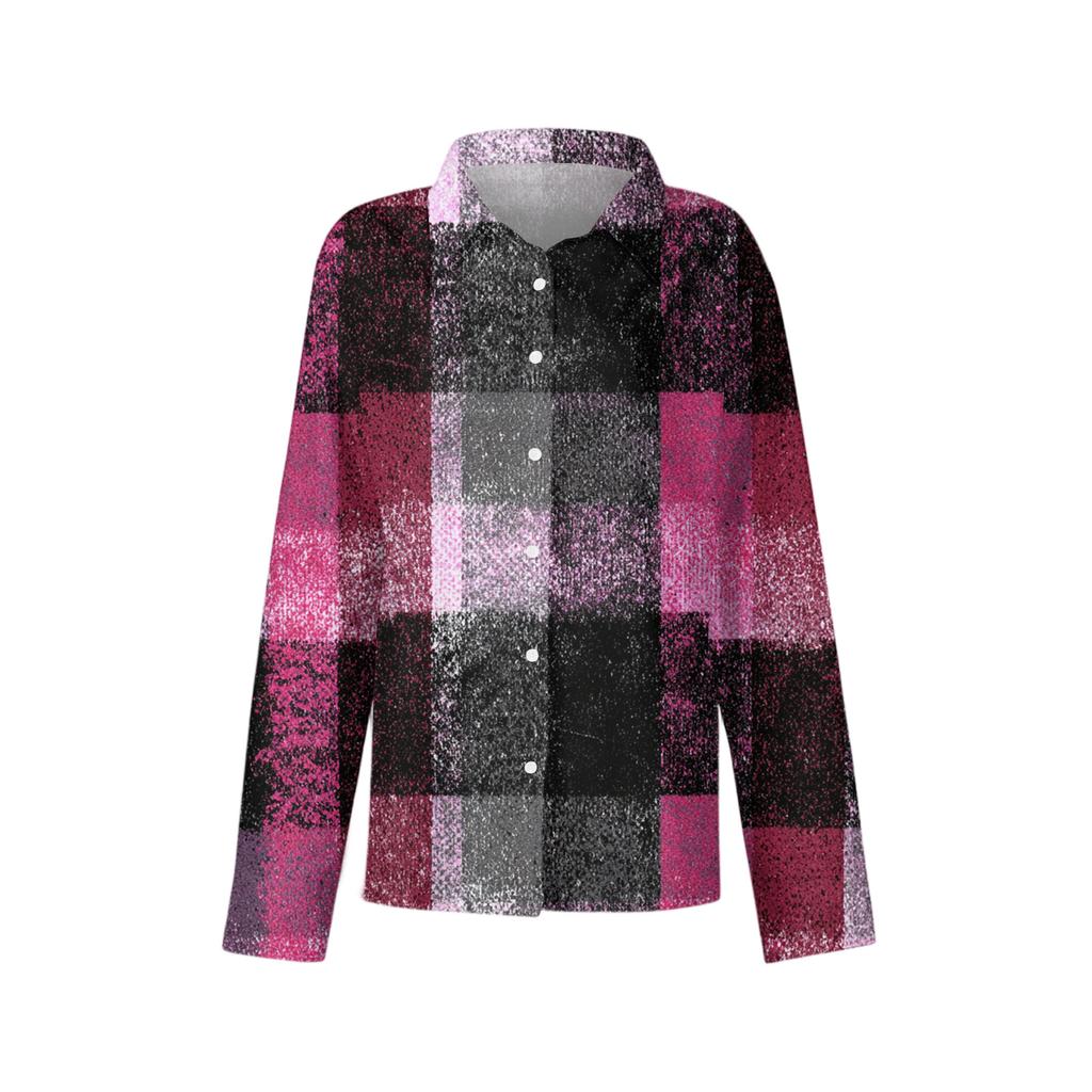 Women's Casual Fashion Plaid Print Half-Open Collar Long Sleeve Shirt