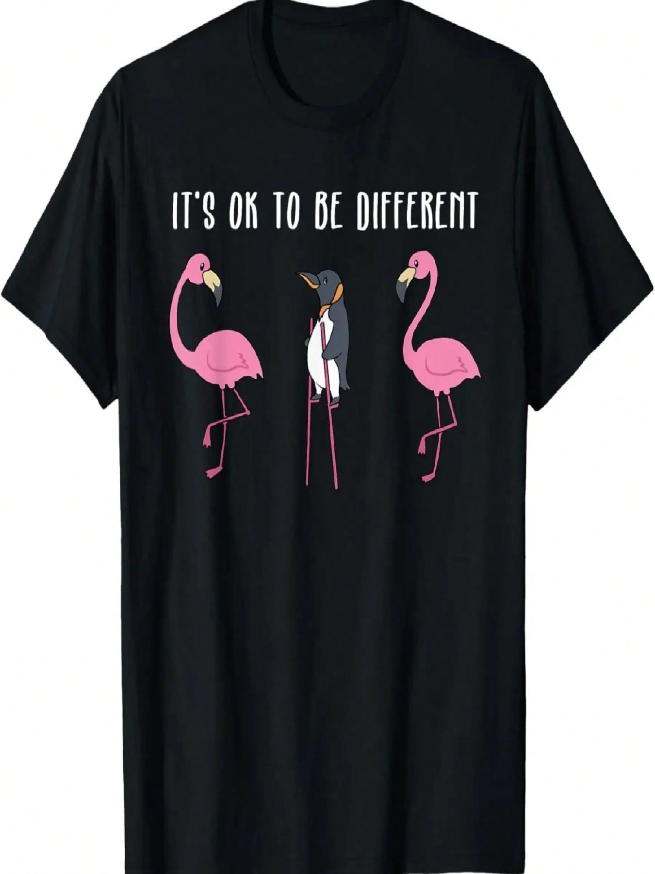 Its Ok To Be Different Flamingo Penguin T-Shirt Custom Printed Graphic T Shirts Kawayi Funny Shirt Print On Demand Ropa Hombre S разноцветный