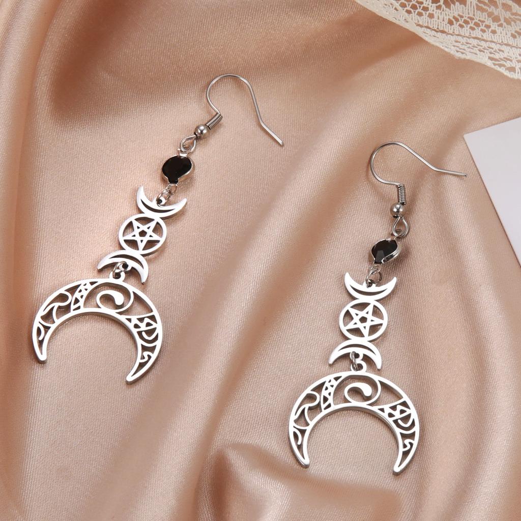Women's Double Crescent Moon Star Pendant Cut New Moon Earrings