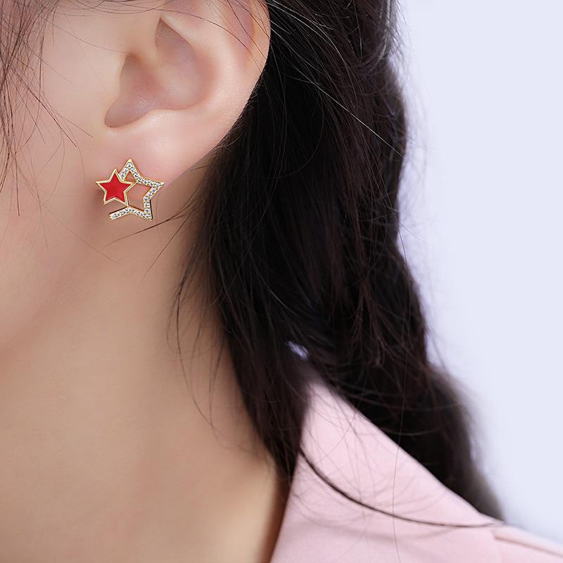 2026 Silver Needle Drip Oil Zircon Red Star Stud Earrings Korea Sweet Design Earrings Fashion Versatile Earrings