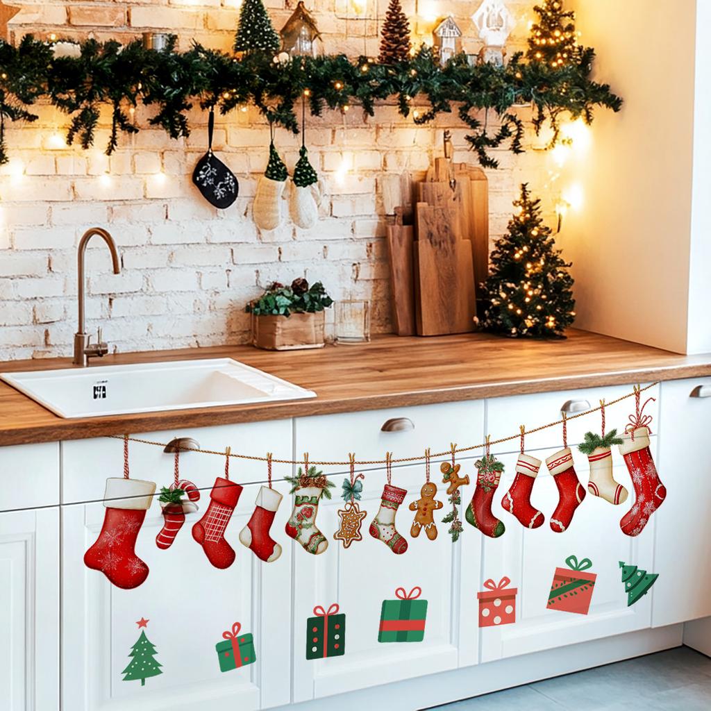 Cartoon Christmas Stocking Gift Box Wall Stickers, Christmas Room Decoration Wall Stickers