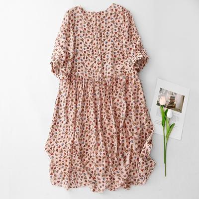 2025 Summer New Printed Cotton and Linen Dress Women's Loose Round Neck Five-quarter Sleeve Crushed Flower Medium and Long Dress