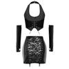 Women Glossy PU Clubwear Halter Backless Zip Crop Top with Fingerless Gloves and Back Sheer Lace Bodycon Skirt for Rave Party