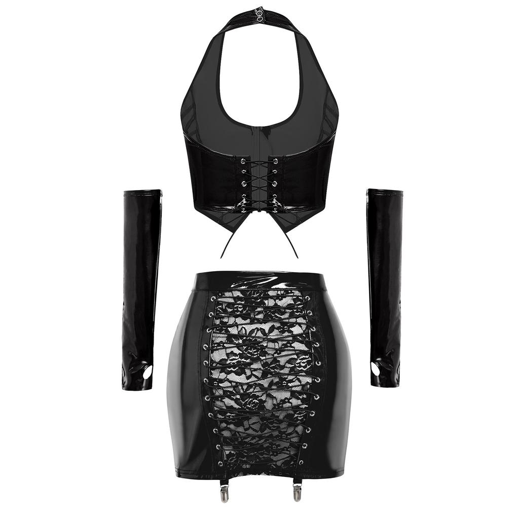 Women Glossy PU Clubwear Halter Backless Zip Crop Top with Fingerless Gloves and Back Sheer Lace Bodycon Skirt for Rave Party