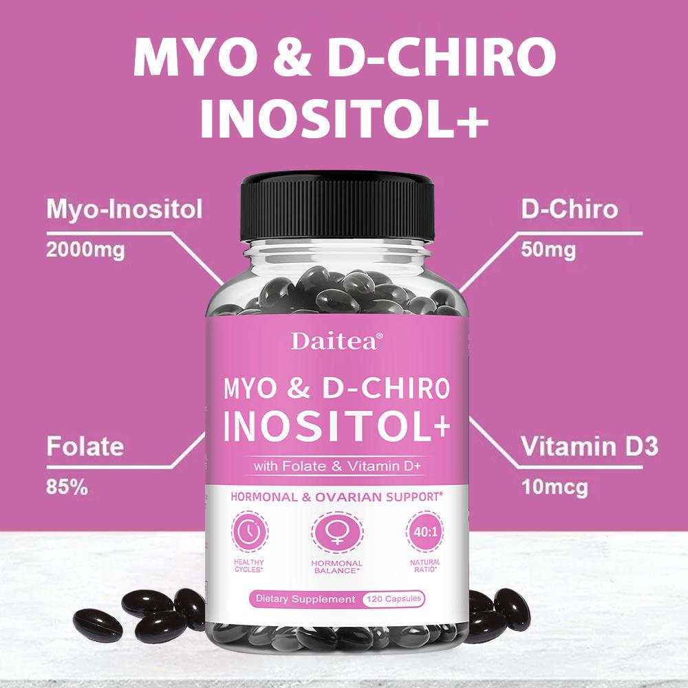 Suplemento Alimentar de Mio-Inositol 2000 mg, Com Vitamina D3, D-Chiro-Inositol, 120 Cápsulas Moles Por Frasco