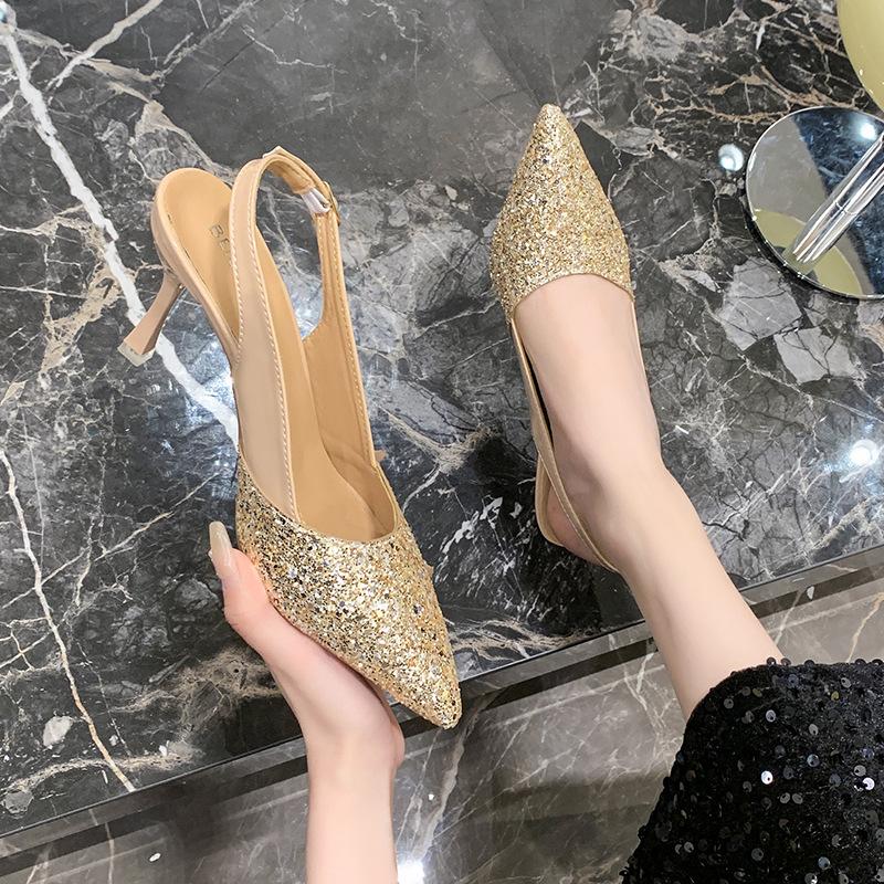French high-heeled bag head sandals women's summer 2025 new glitter sequined side space thin heel pointed fairy style shoes
