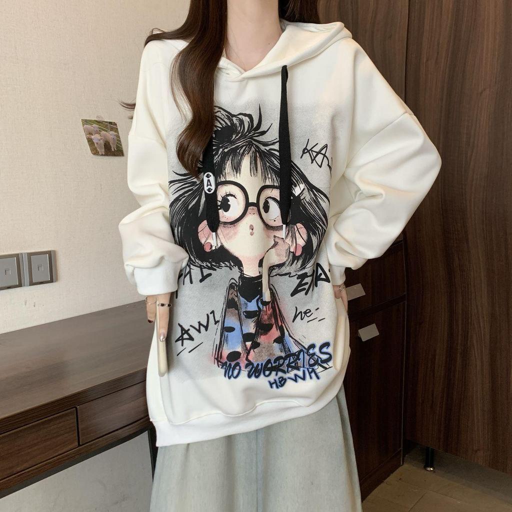 Women's Plus Size Printed Fleece Hooded Sweatshirt: Autumn/Winter Slimming Cover-Up with Fleece Lining