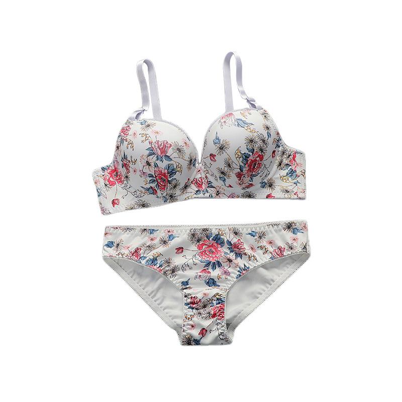 Ensemble de lingerie sexy pour femme, ensemble de sous-vêtements à imprimé floral, ensemble de soutien-gorge push-up froncé avec bordure en dentelle, ensemble de soutien-gorge et de slip tendance