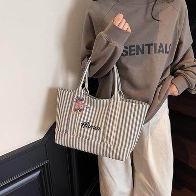 Ins Wind Striped Canvas Handbag Women's 2025 Spring and Summer Large Capacity Tote Bag Shoulder Bag Travel Bag