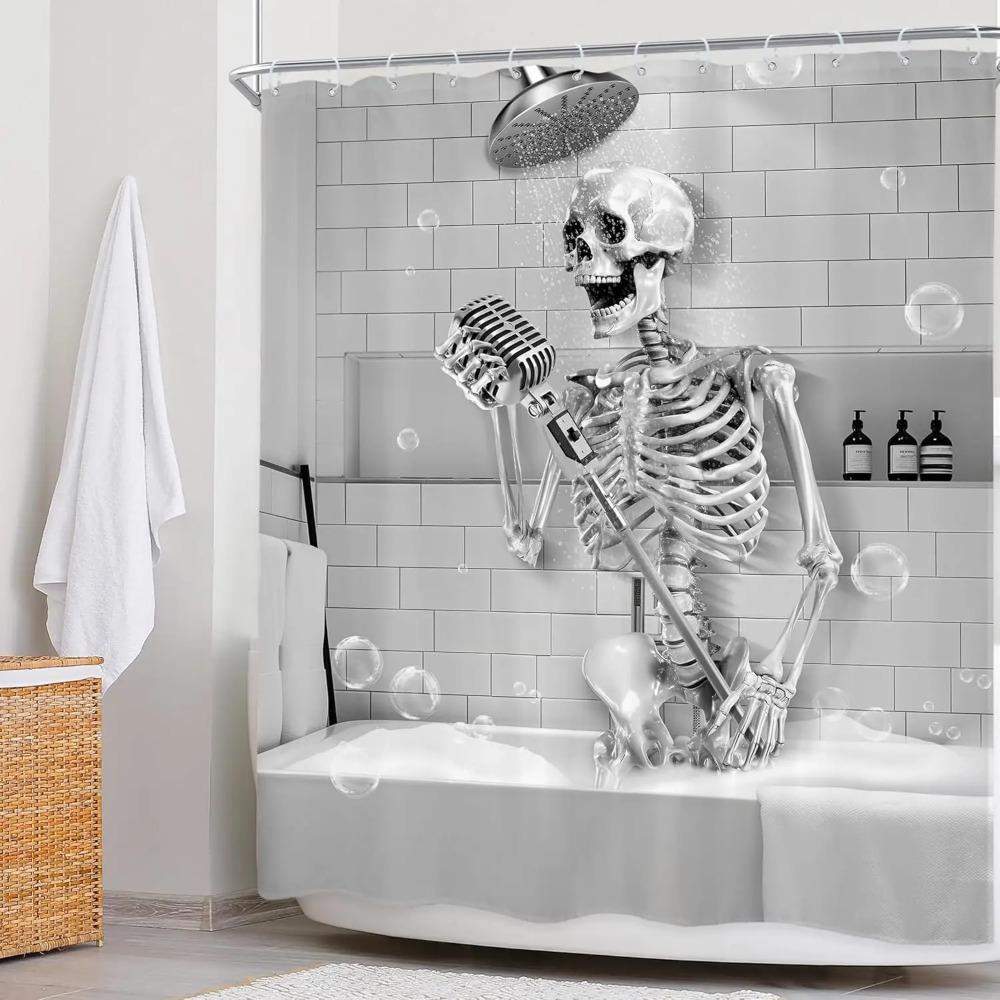 Funny Skull Singing In Bathtub Printed Shower Curtain Rustic Gothic Skeleton For Bathroom Decor