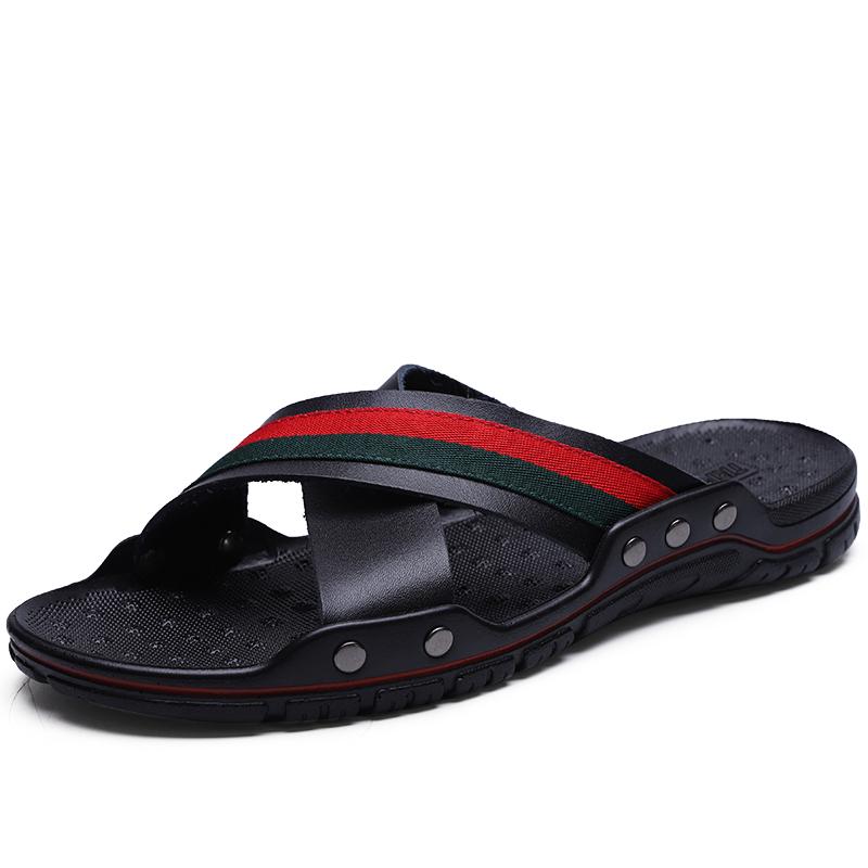 FUQIAO New Genuine Leather Men Slippers Beach Shoes Comfortable Men Summer Flat Heels Male Slides Luxury Plus Size 38-48