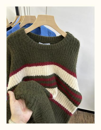 Xiao Wangs Winter Koreanischer Stil Übergröße Lässiger Colorblock Gestreifter Pullover