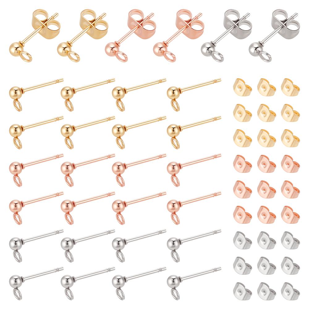 60Pcs 3 Color 304 Stainless Steel Ball Stud Earring Post with Loop with 60Pcs 3 Color 304 Stainless Steel Ear Nuts Mixed Color