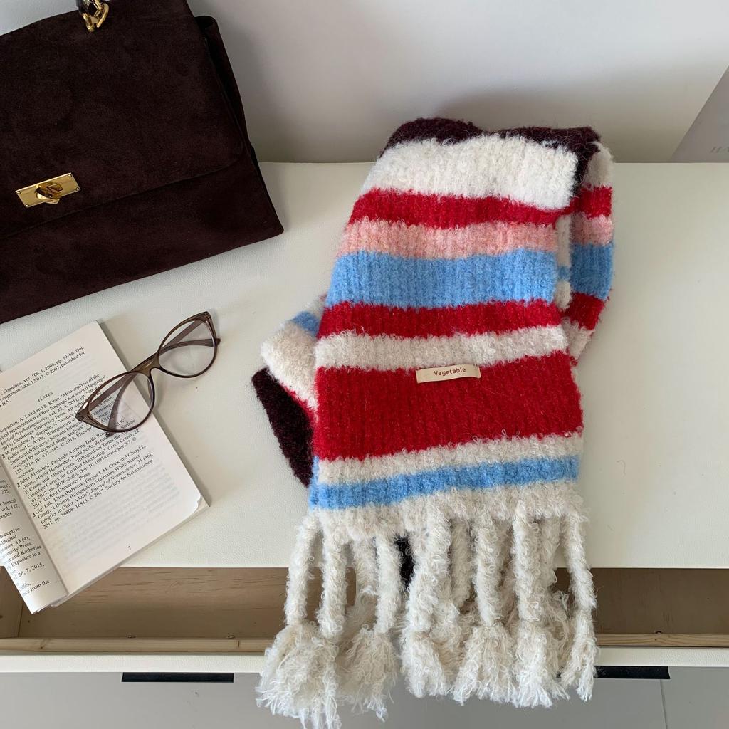 New colorful and versatile contrasting color warm scarf women's winter stripe wide version durable fashion knitted scarf