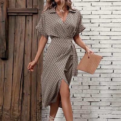 Damen Sommer Bedrucktes Langes Kleid Lässig Und Modisch Taillenbetonend V-Ausschnitt Kurzärmelig Bequemes Kleid