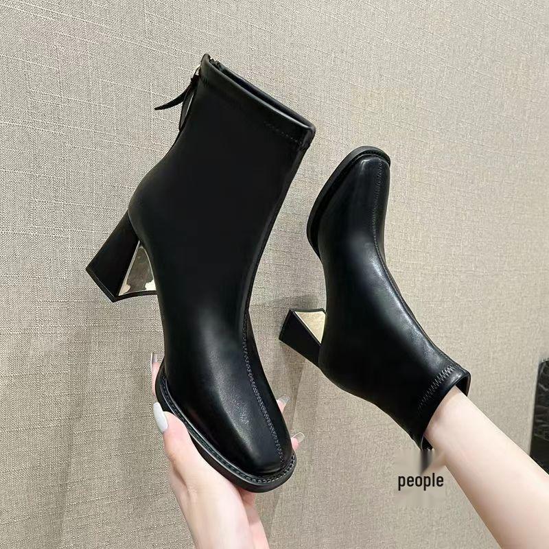 Women's French Skinny Martin Boots - 2025 Autumn/Winter, Chunky Heel, Square Toe, Short Tube, Korean Style, Fashionable, Versatile, Slimming.