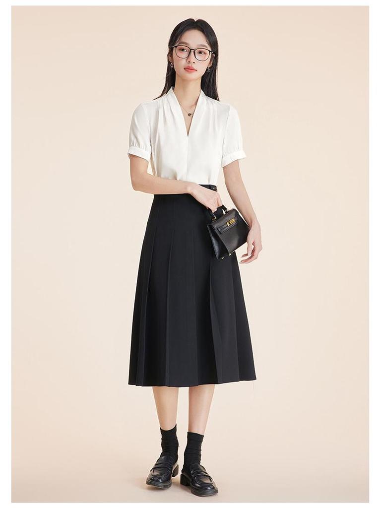 Women's Professional Short Sleeve V-Neck Satin Blouse - Iron-Free, Wrinkle-Resistant, Blue.