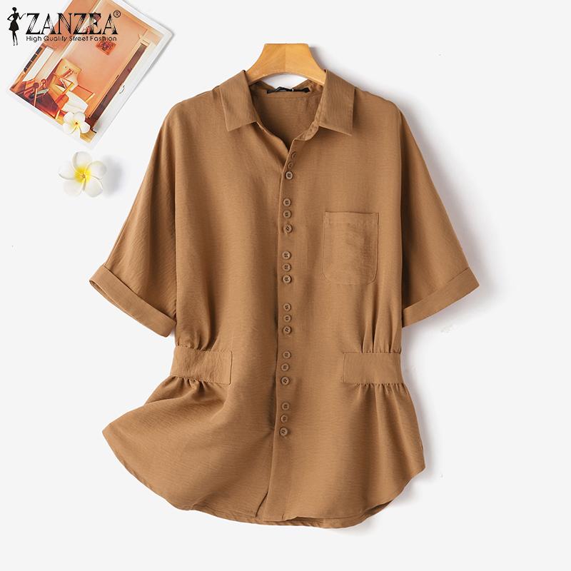 ZANZEA Women Casual Turn Down Collar Summer Short Sleeve Blouse