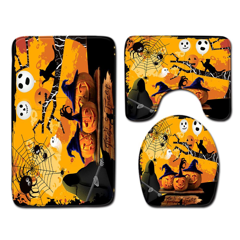 Halloween Shower Curtain Floor Mat Combination Four-Piece Set Bathroom Toilet Carpet Shower Room Foot Door Mat